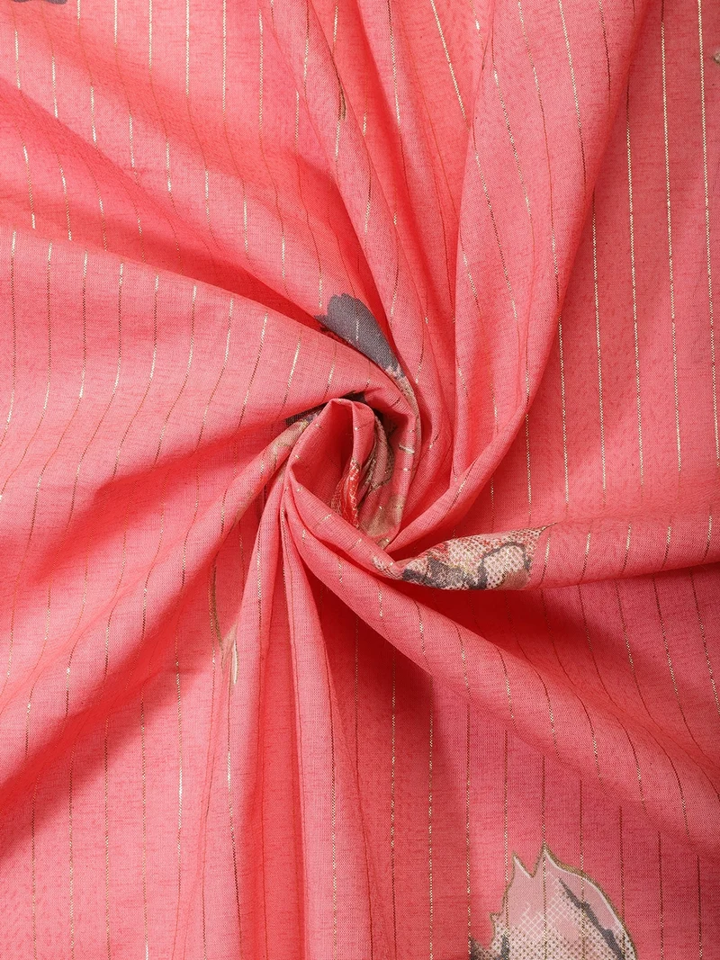 أيه كيه إس Coral Pink Floral Lurex Striped Fabric
