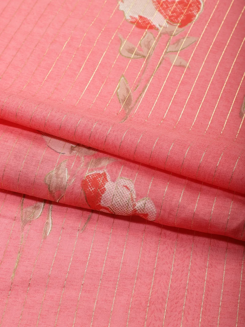 أيه كيه إس Coral Pink Floral Lurex Striped Fabric