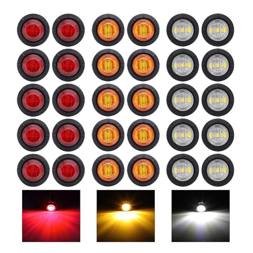 Ledvillage Pack of 30 3/4 Inch Mini Round 10 Amber + 10 Red + 10 White 3 LED Trailer Side Marker Button Lights Clearance Signal Lamp Boat Lorry Truck Pickup Bus 12V DC - Image 1