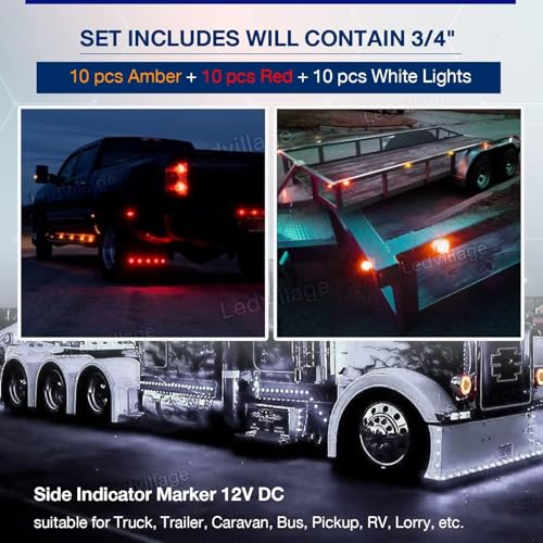 Ledvillage Pack of 30 3/4 Inch Mini Round 10 Amber + 10 Red + 10 White 3 LED Trailer Side Marker Button Lights Clearance Signal Lamp Boat Lorry Truck Pickup Bus 12V DC - Image 5