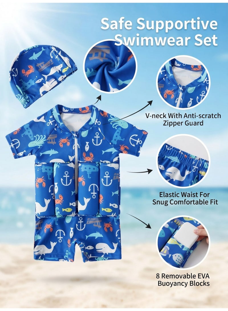 She&Little 2 Pack Kids Floatation Swimsuit Set, Kids Swimsuit, Swimming Suit for Kids, One Piece Swimwear with Removable Buoyancy Floats, Quick Dry UV Protection, for Baby Swim Training, Beach Vacation, Pool Play (Blue) - Image 2