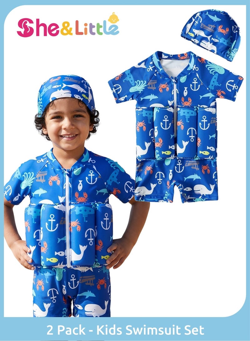 She&Little 2 Pack Kids Floatation Swimsuit Set, Kids Swimsuit, Swimming Suit for Kids, One Piece Swimwear with Removable Buoyancy Floats, Quick Dry UV Protection, for Baby Swim Training, Beach Vacation, Pool Play (Blue) - Image 1