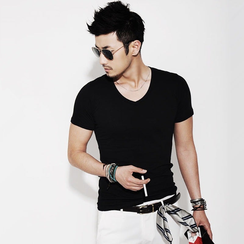 Cool Mens Summer Short Sleeve T-shirts Korean Style Slim Fit Solid Color V-Neck Base Layer Tops For Men Free Shipping Black V-neck 