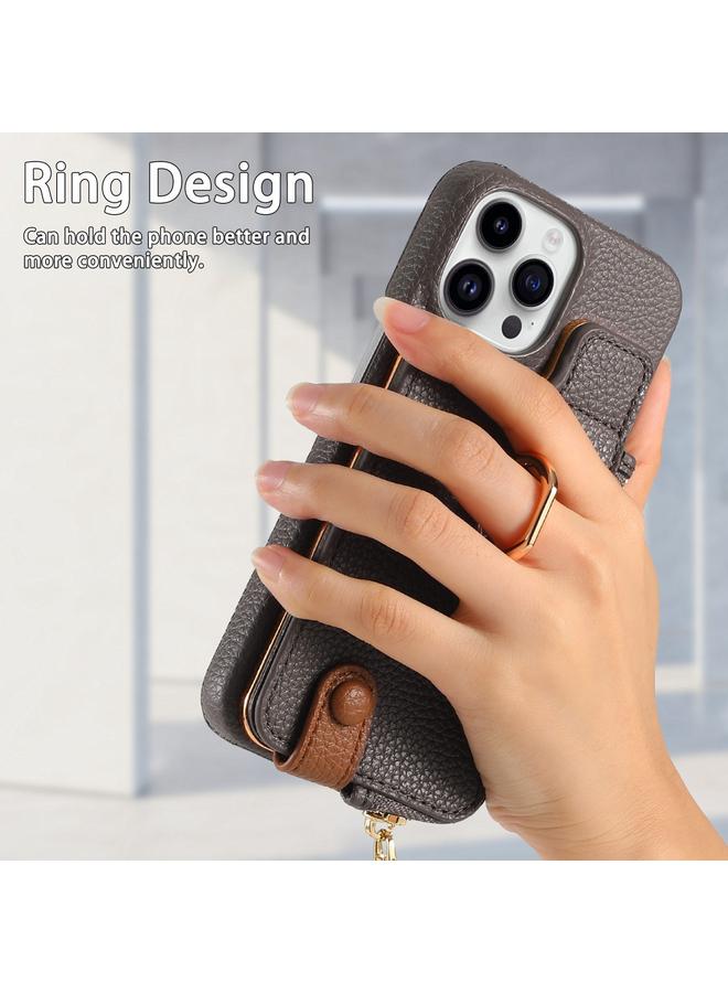 اس-توب جراب لهاتف iPhone 15 Pro Max مصنوع من جلد الليتشي مع حافة زيتية وسحاب ومحفظة خلفية للهاتف - Image 3