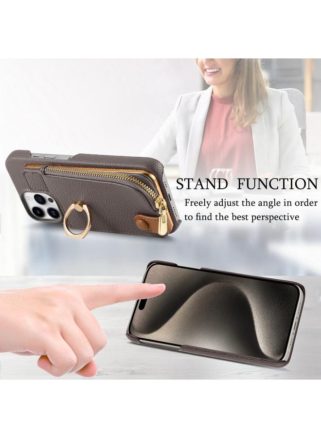 اس-توب جراب لهاتف iPhone 15 Pro Max مصنوع من جلد الليتشي مع حافة زيتية وسحاب ومحفظة خلفية للهاتف - Image 5