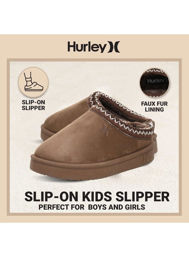Hurley Kids Modi Slippers - Indoor and Outdoor Slip-On Shoes for Boys and Girls, Durable Clogs With Faux Fur Fleece Lining - Warm Winter House Slippers, Dark Taupe, 4 Big Kid - Image 2
