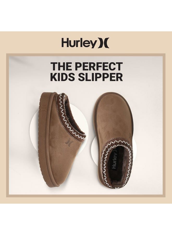 Hurley Kids Modi Slippers - Indoor and Outdoor Slip-On Shoes for Boys and Girls, Durable Clogs With Faux Fur Fleece Lining - Warm Winter House Slippers, Dark Taupe, 4 Big Kid - Image 3
