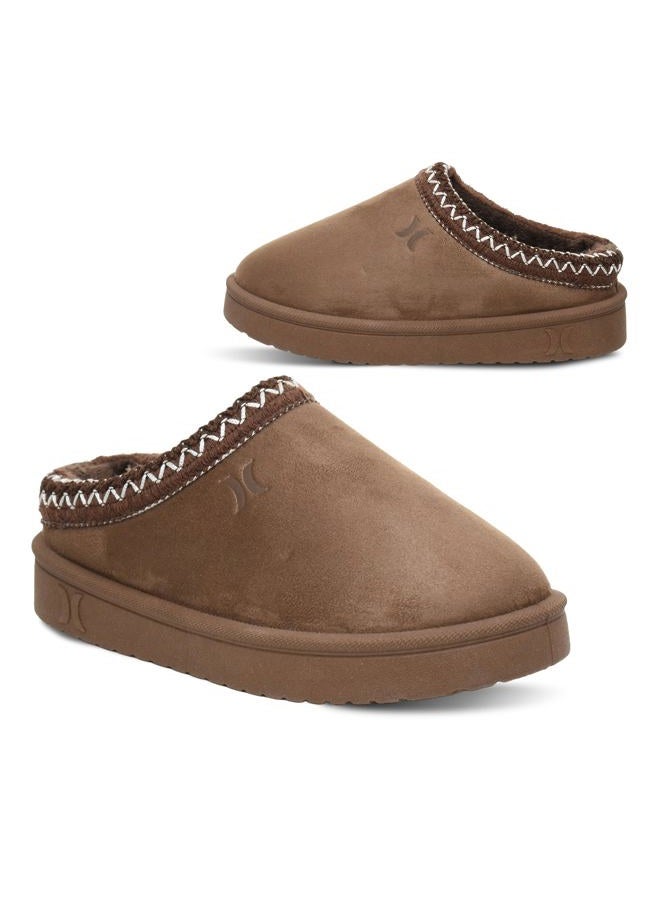 Hurley Kids Modi Slippers - Indoor and Outdoor Slip-On Shoes for Boys and Girls, Durable Clogs With Faux Fur Fleece Lining - Warm Winter House Slippers, Dark Taupe, 4 Big Kid - Image 1