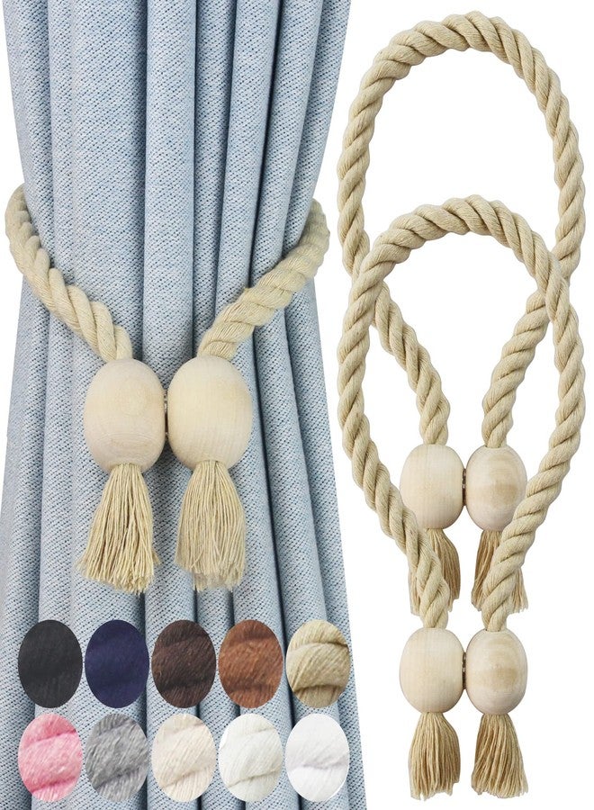 Nieffeiy 2 Pack Magnetic Curtain Tiebacks Cotton Hand Woven Tie Back Decorative Rope Holdbacks for Curtains Draperies No Tools Required, Dark Beige - Image 1
