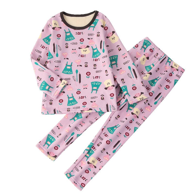 Kids Warm Velvet Cotton Underwear Set Purple floral (fleece-lined) 