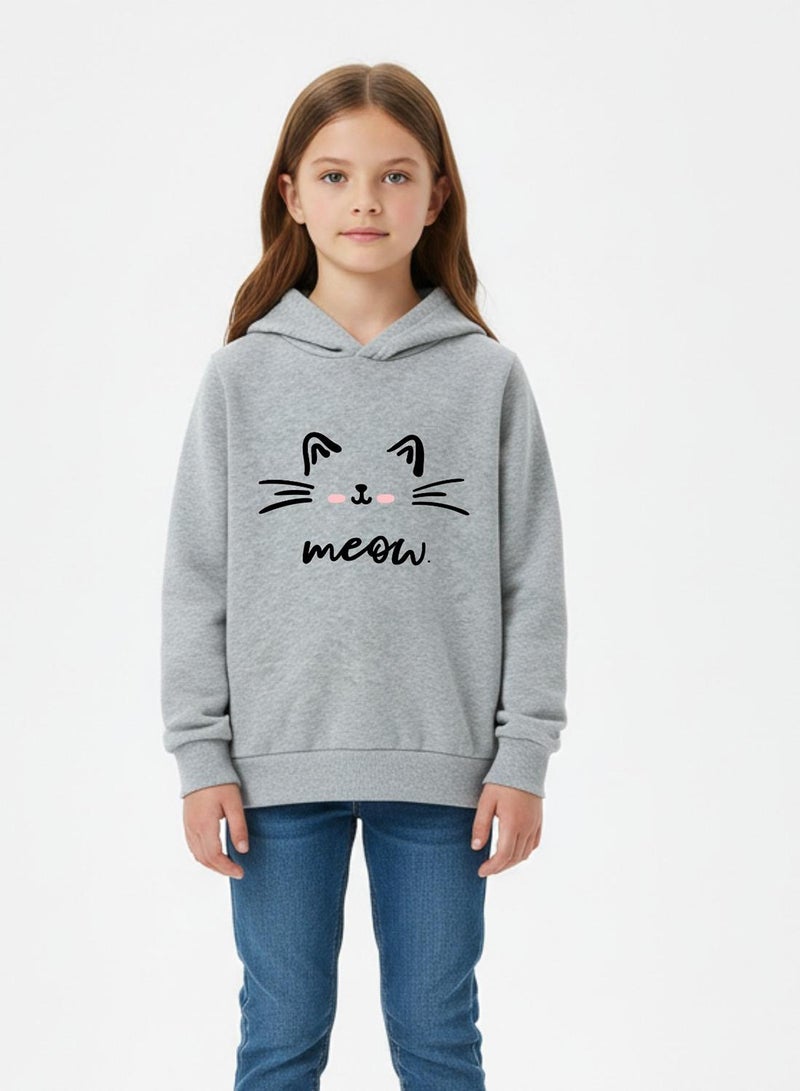babyqlo Girls Grey Meow Cat Print Winter Fleece Hoodie - Image 1