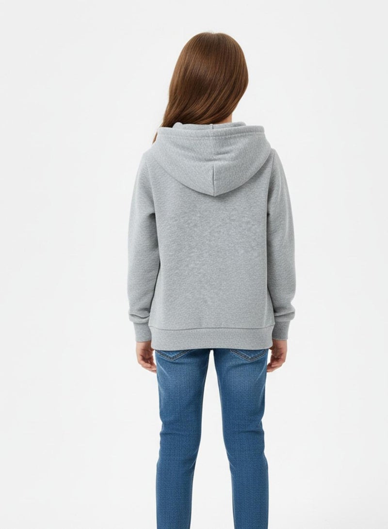 babyqlo Girls Grey Meow Cat Print Winter Fleece Hoodie - Image 2