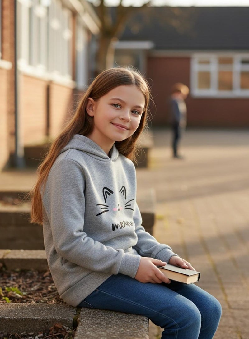 babyqlo Girls Grey Meow Cat Print Winter Fleece Hoodie - Image 4