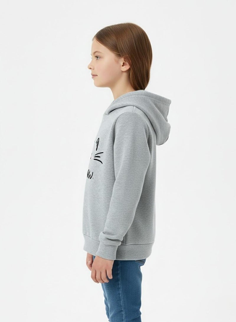 babyqlo Girls Grey Meow Cat Print Winter Fleece Hoodie - Image 3