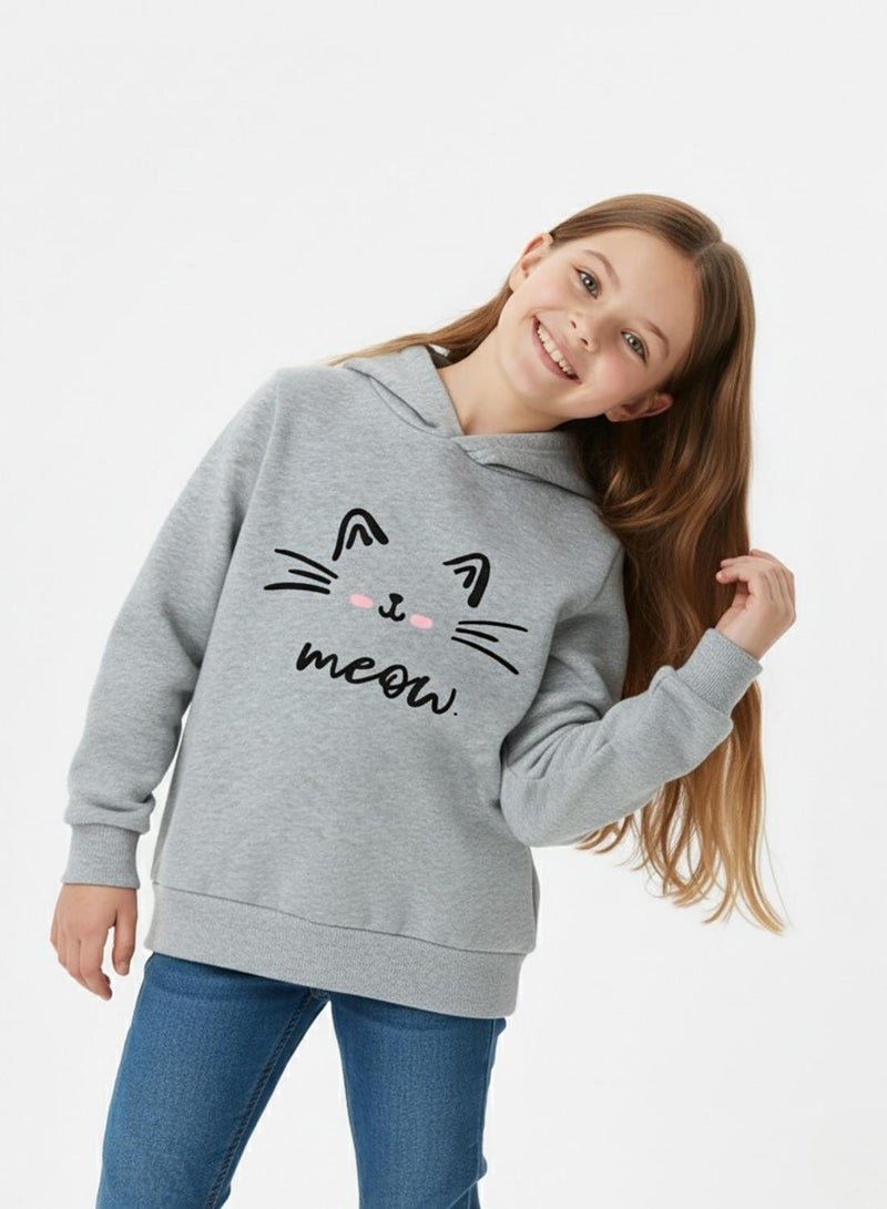 babyqlo Girls Grey Meow Cat Print Winter Fleece Hoodie - Image 5