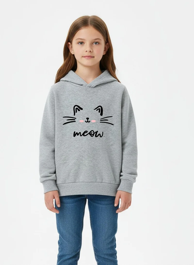 babyqlo Girls Grey Meow Cat Print Winter Fleece Hoodie