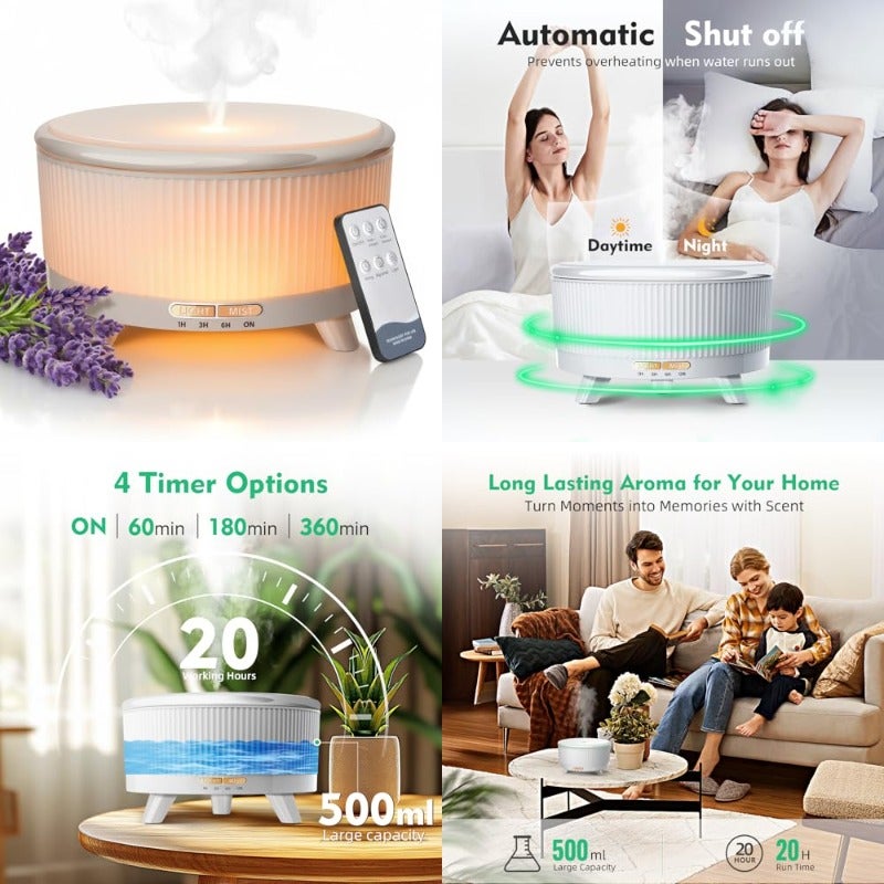 Essential Oil Diffuser 500ml Ultrasonic Aroma Cool Mist Humidifier Quiet Flame Light with Colors LED for Home Bedroom Yoga - Image 1