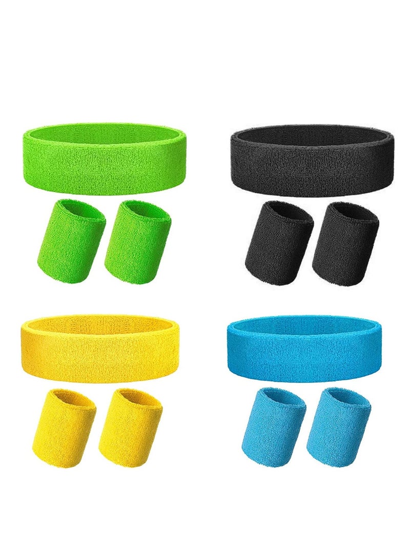 إسكدنيا Wristbands Headbands Sweat Bands Set, 4 Pieces Sweat Bands Wristbands Absorbent Wrist Band, Colorful Cotton Sweatband Set for Gym Sports Tennis Running Exercise Basketball Working Out - Image 1