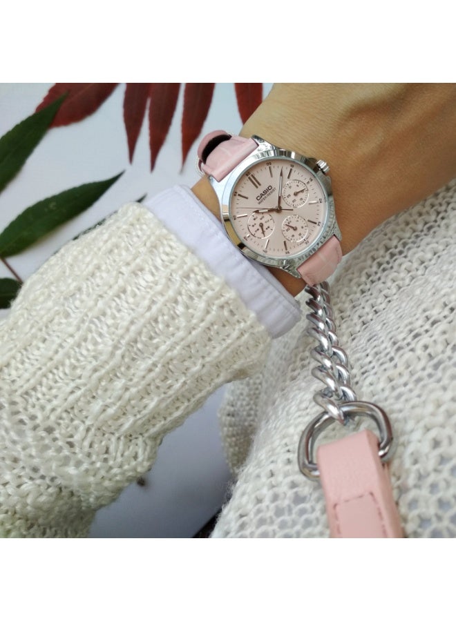 كاسيو ساعة كاسيو LTP-V300L-4AUDF للنساء – حزام جلد وردي مع قرص وردي متعدد الوظائف - Image 5