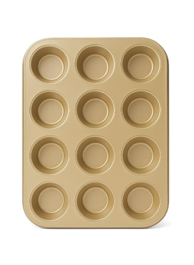 Beram 12 Cup Cake Tray Gold Non Stick Carbon Steel Muffin Pan Durable Oven Safe Bakeware Baking Mold Tray for Cupcakes Muffins Brownies Cookies Pastry and Desserts