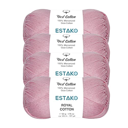 Estako Royal Cotton, (4 Skeins Pack) 100% Mercerized Giza Cotton Yarn, Soft, Super Fino for Crochet and Knitting (4 x 1.76 Oz) / (4 x 137 Yrds) (5096 - Baby Pink) - Image 1
