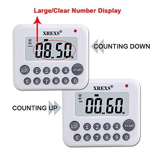 XREXS Digital Kitchen Timer Magnetic Countdown Up Cooking Timer Clock with Magnet Back and Clip, Loud Alarm, Large Display Minutes and Seconds Directly Input-White (2 Battery Included) (DC-12) - Image 2