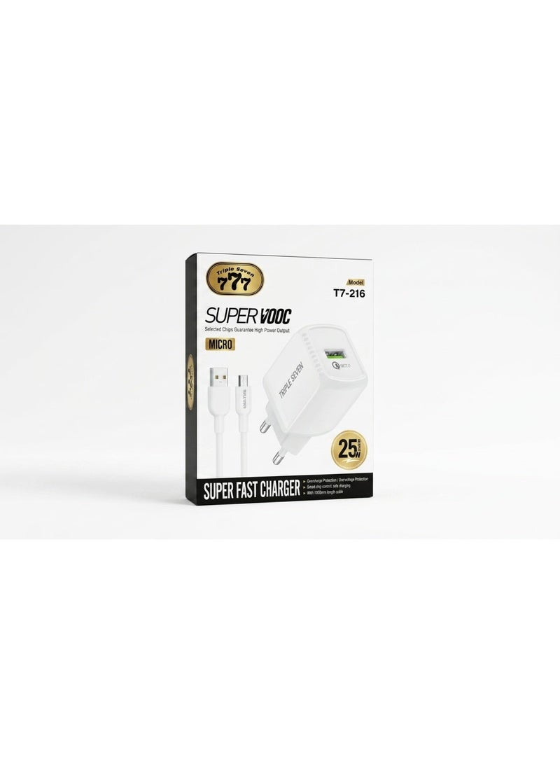 777 شاحن تريبل سفن T7-216 سوبر VOOC – شحن فائق السرعة 25 واط – كابل مايكرو USB – شريحة ذكية عالية القدرة – حماية متينة - Image 5