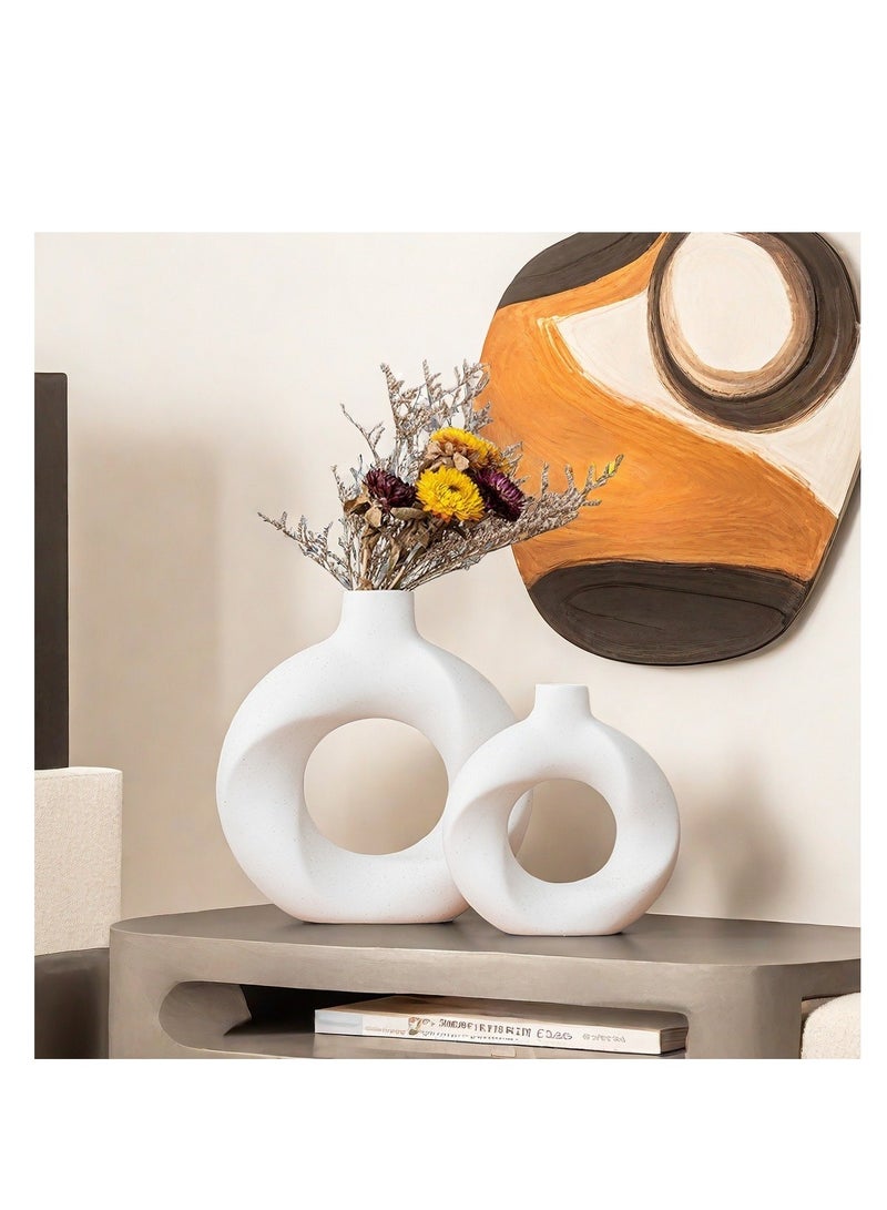 Y&D White Ceramic Vase 2-Piece Set for Modern Home Decor, Pampas Flowers Vase, Boho Style, for Living Room, Office Bedroom, Wedding Holiday Table Decoration Gifts - Image 1