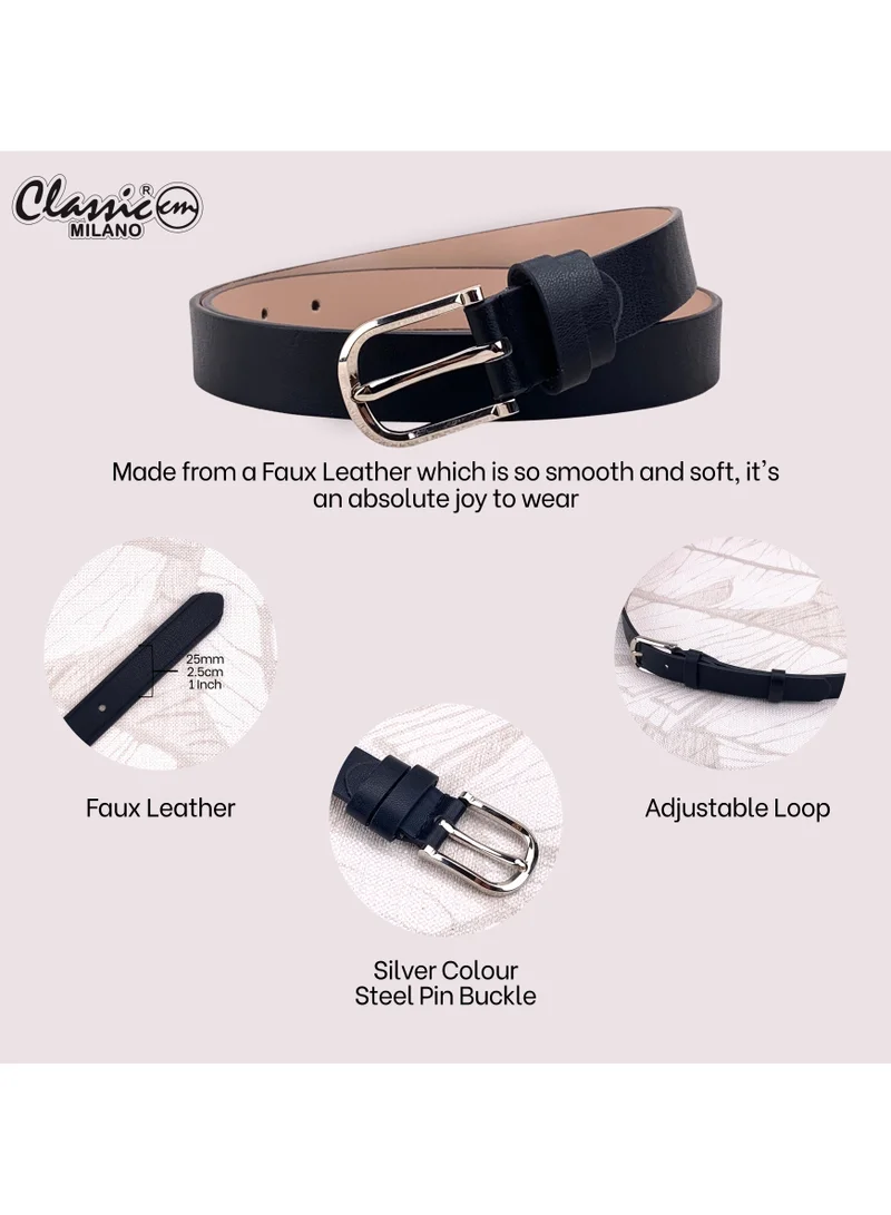 Classic Milano Black (SGPU22) Classic Milano Women's Belt with Gift Box; Faux Leather Ladies Belt for Dresses, Jeans & Gowns; Stylish Womens Belt; Adjustable Girls Belt; Belt for Women | Full Length: 110 CM (Free Size - Fits up to the waist of 40 Inches / 100 CM) for Women | Best Price UAE