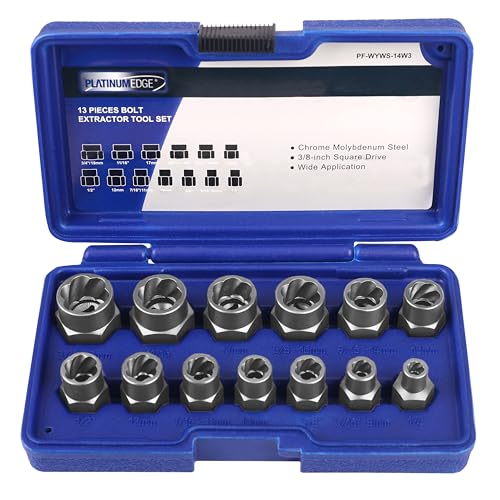 PLATINUMEDGE 13 Pieces Impact Bolt Nut Remover Set Stripped Bolt Extractor Set CrMo Extraction Tool Set with Solid Storage Case Easy Out Rusted Rounded Damaged Nuts and Bolts