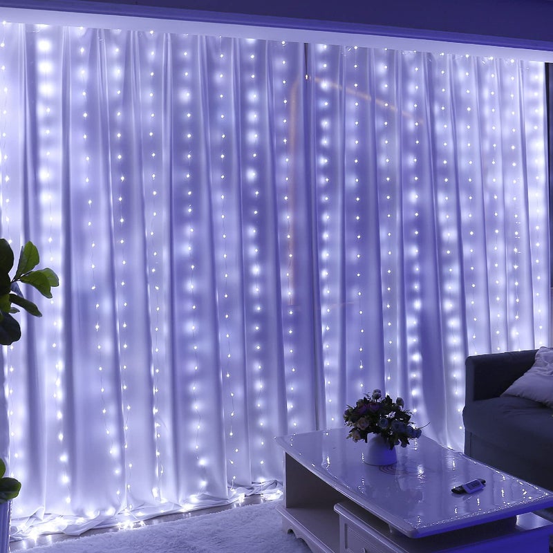 HXWEIYE أضواء ستارة الجنية HXWEIYE 300LED 98x98 قدم خالية من التشابك قابلة للتوصيل عبر USB 8 أوضاع مؤقت أضواء عيد الميلاد المتدلية مع جهاز تحكم عن بعد لغرفة النوم خلفية حفل زفاف منزل حديقة بيضاء