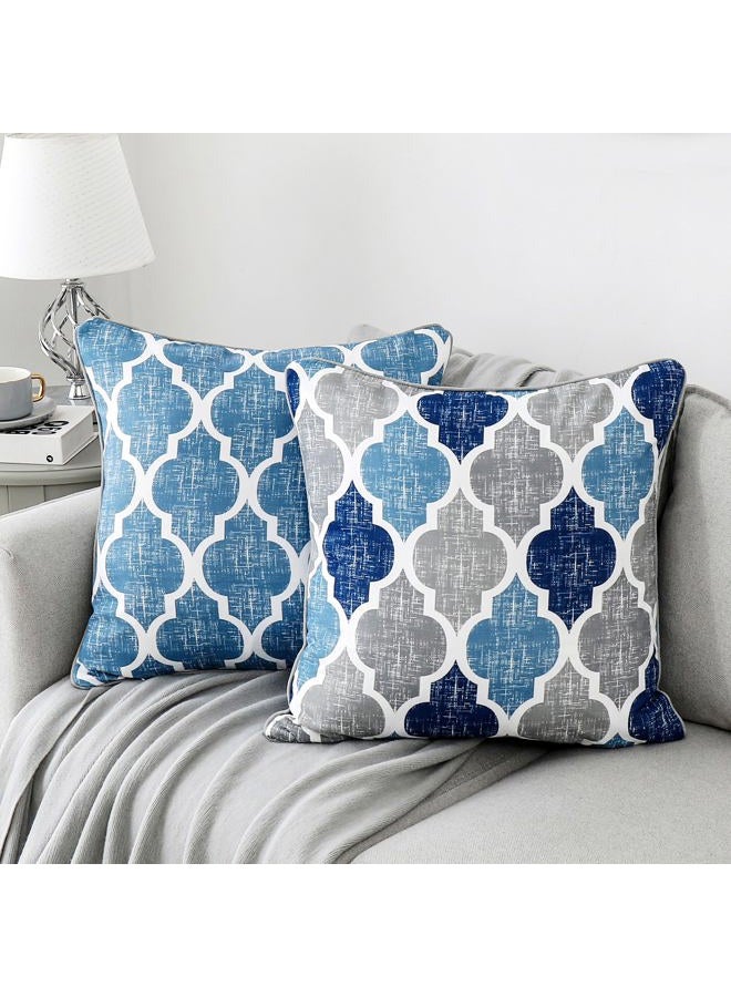 Beauoop Throw Pillowcover Soft Chenille Print Moroccan Geometric 2-Sided Pattern Blue and Gray Decorative Velvet Square Cushion Covers Standard Pillowcase Couch Sofa Bed Men/Women 20x20 Inch, Set of 2 - Image 1