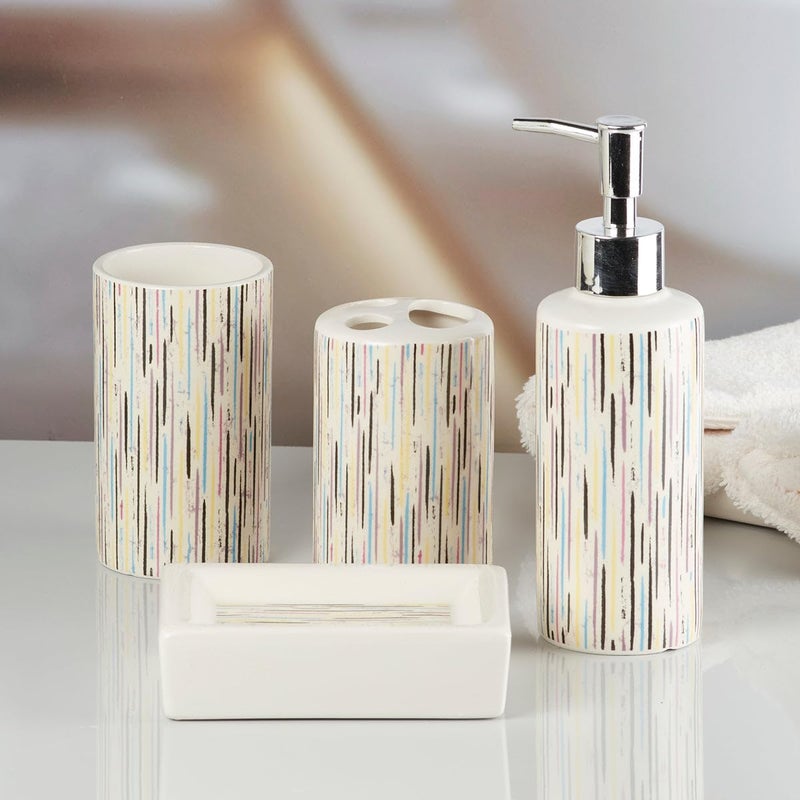 Kookee Ceramic Bathroom Set - Stylish 4 Piece Bath Accessories Kit with Soap Dispenser, Toothbrush Holder, Tumbler & Soap Dish - Modern & Designer Decor for Home & Guest Bathrooms, Multicolor (9760) - Image 3
