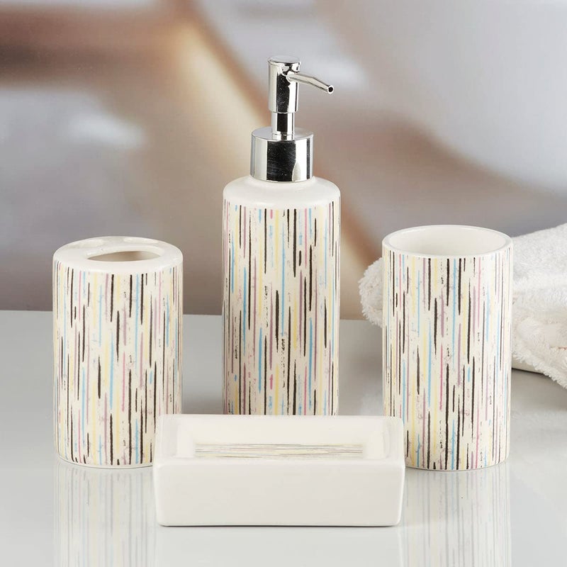 Kookee Ceramic Bathroom Set - Stylish 4 Piece Bath Accessories Kit with Soap Dispenser, Toothbrush Holder, Tumbler & Soap Dish - Modern & Designer Decor for Home & Guest Bathrooms, Multicolor (9760) - Image 4