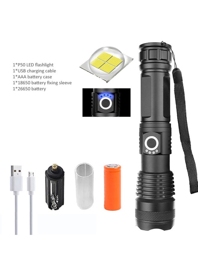 Aluminum Alloy P50 Strong Light Flashlight 26650 Zoom Night Fishing USB Rechargeable LED Flashlight Outdoor-Product Specifications:P50 Flashlight + USB +26650 Lithium Battery - Image 1