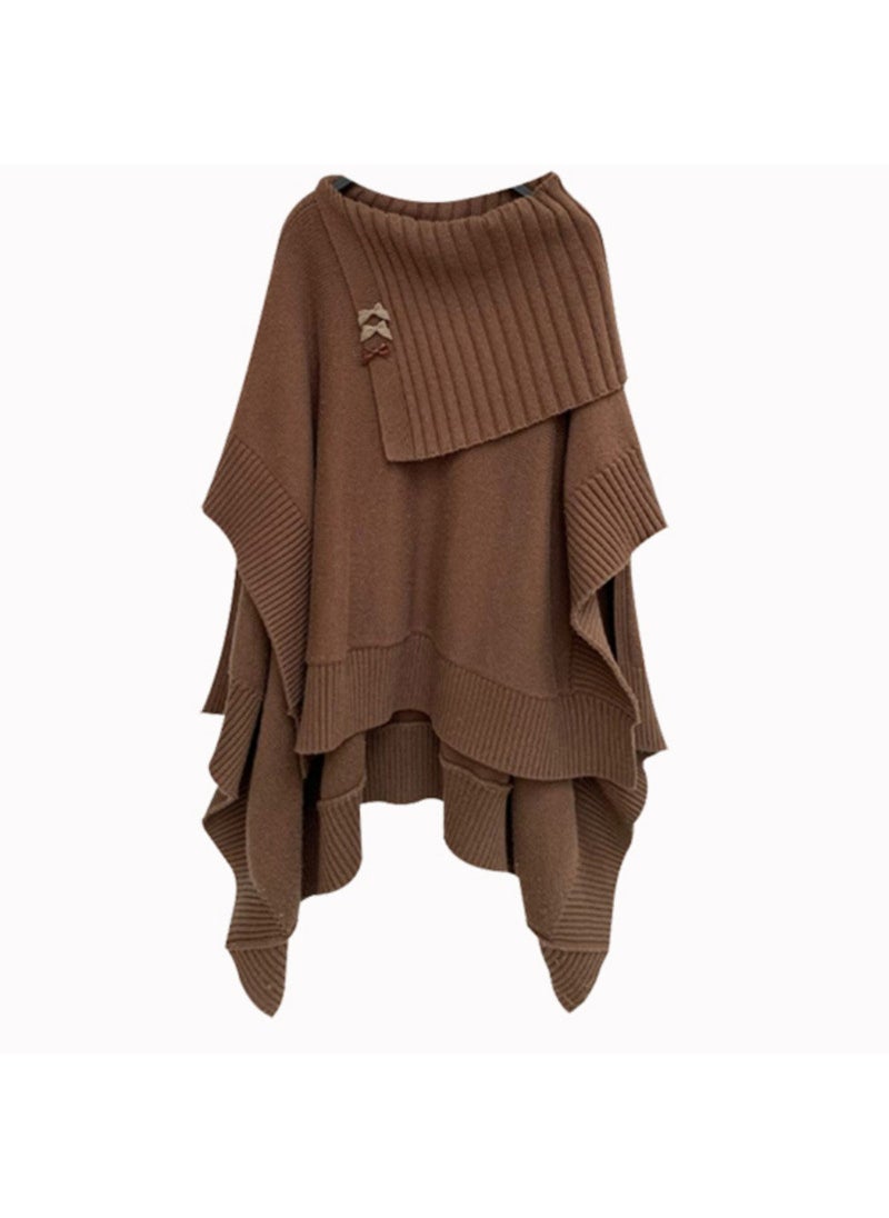 Generic Autumn/Winter Knitted Top For Women Fashionable Loose-Fit Off-Shoulder Pullover Mantle Idle Style Sweater Brown---[irregular slant collar cloak] 