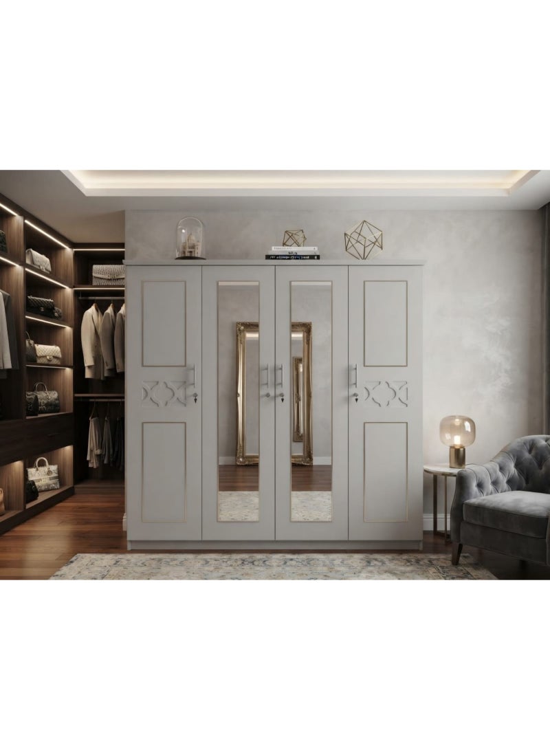 خزانة ملابس ذات 4 أبواب مع مرآة ، رمادي ، لوحات منحوتة زخرفية ، حجم 210 * 200 * 50CM ، MDF الخشب. - Image 1