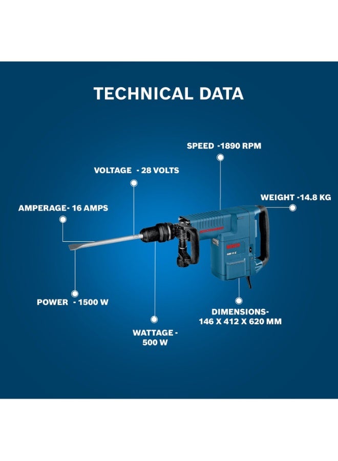 بوش Bosch GSH 11 E Heavy Duty Electric Demolition Hammer with SDS Max, 1,500W, 16.8 J, 10.1 kg, Speed Selection, Vario Lock + SDS Max RTec Sharp Flat & Pointed Chisel, Handle & Case, 1 Year Warranty - Image 3