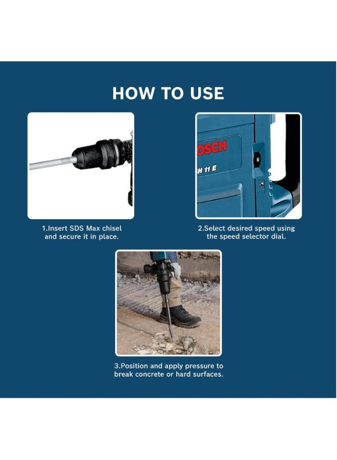 بوش Bosch GSH 11 E Heavy Duty Electric Demolition Hammer with SDS Max, 1,500W, 16.8 J, 10.1 kg, Speed Selection, Vario Lock + SDS Max RTec Sharp Flat & Pointed Chisel, Handle & Case, 1 Year Warranty - Image 2