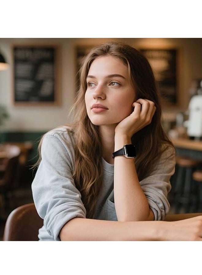 حزام جلدي متوافق مع ساعة Apple Watch Band 38 مم 40 مم 41 مم 42 مم للنساء، حزام جلدي أصلي عالي الجودة، سوار معصم رفيع (أسود + بني) - Image 5