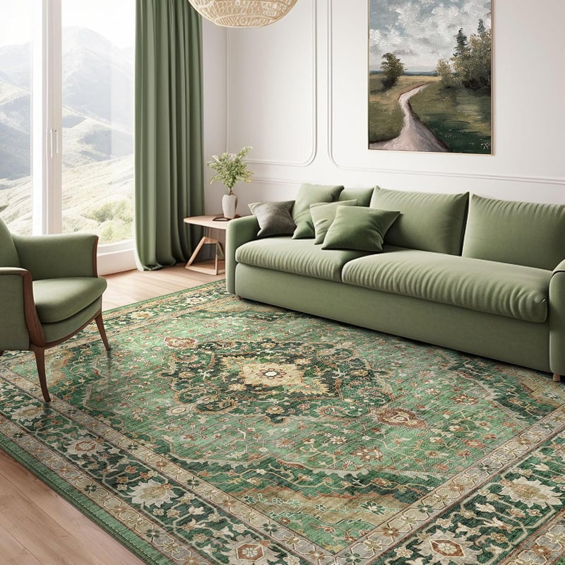 Deerly Green Rug 8x10 Area Rug for Living Room Bedroom Washable Rugs Large Boho 8x10 Rug for Dining Room Carpet Non-Slip Distressed Carpet Rugs Print Floor(Border Green) - Image 1
