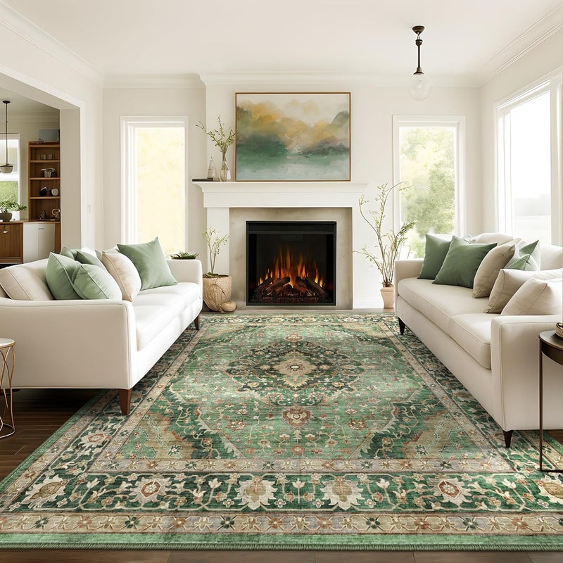 Deerly Green Rug 8x10 Area Rug for Living Room Bedroom Washable Rugs Large Boho 8x10 Rug for Dining Room Carpet Non-Slip Distressed Carpet Rugs Print Floor(Border Green) - Image 3