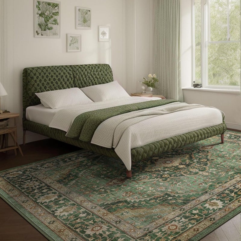 Deerly Green Rug 8x10 Area Rug for Living Room Bedroom Washable Rugs Large Boho 8x10 Rug for Dining Room Carpet Non-Slip Distressed Carpet Rugs Print Floor(Border Green) - Image 2