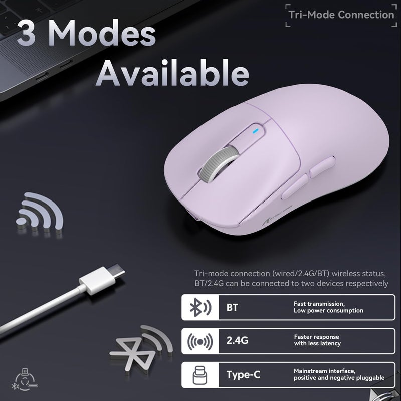 MAMBASNAKE Attack Shark X3 Wireless Gaming Mouse, 49g Ultralight, PixArt PAW3395 26000 DPI, Bluetooth/2.4Ghz /Wired Tri-Mode, 200Hrs Rechargeable Battery, Kailh GM8.0 Switch for PC/MAC/Win - Purple - Image 4