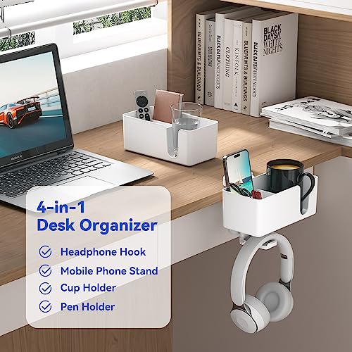 KDD 4in1 Desk Organizer Under Desk Cup Holder and Headphone Hanger with 2 Wire Holes Rotating Hanger and Detachable Storage for Cup Phone and Pen White - Image 3