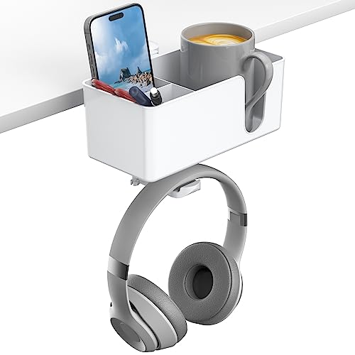 KDD 4in1 Desk Organizer Under Desk Cup Holder and Headphone Hanger with 2 Wire Holes Rotating Hanger and Detachable Storage for Cup Phone and Pen White - Image 1