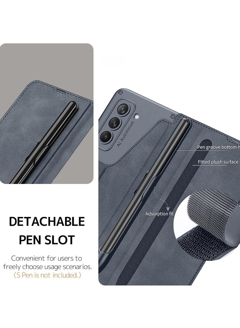 Aookay Compatible with Samsung Galaxy Z Fold 6 Wallet Case with Removable Pen Holder [Pen Not Included] and Card Holder, Built-in Screen Protector, Wireless Charging Leather Phone Stand Case (Gray) - Image 4