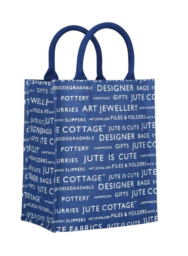 Jute Cottage Jute Bags for Lunch for Women and Men | Jute Grocery Bag | Jute Carry Bag | Jute Tiffin Bags | Printed Jute Bag Print - Blue - Image 1