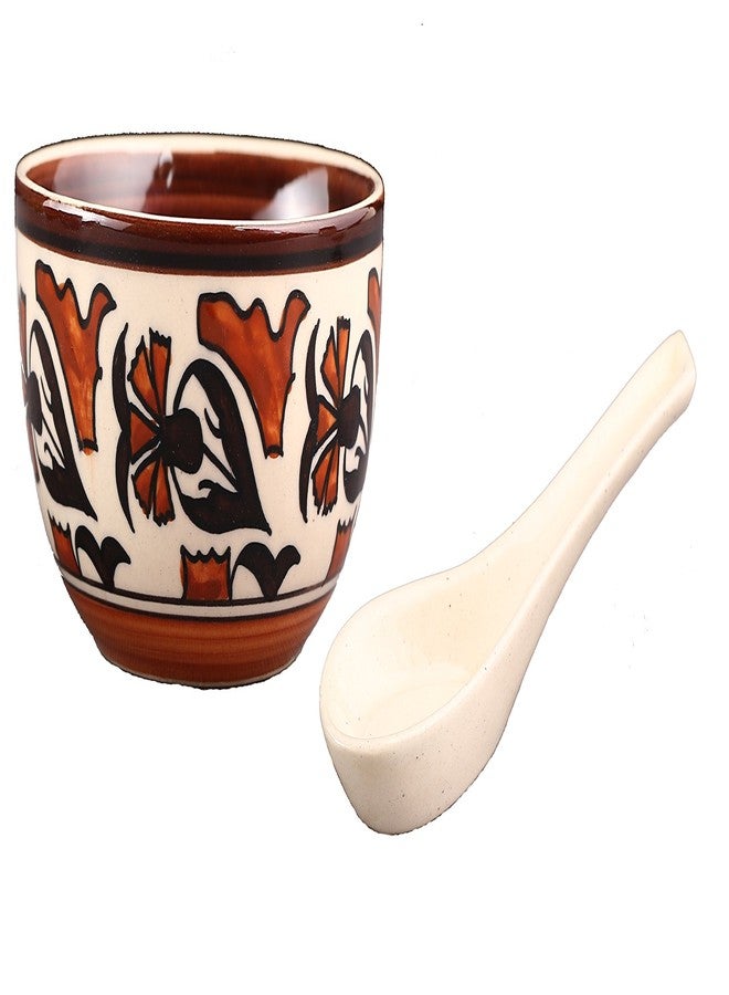 كافيين وعاء حساء مصنوع يدويًا من السيراميك مزين بطبعة زهور مع ملعقة - Image 1