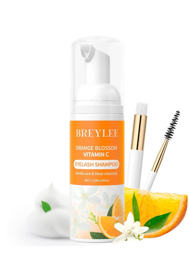 Breylee Eyelash Extension Cleanser Brelyee Orange Blossom Lash shampoo 60ml + Brush, Eyelash Wash for Extensions, Lash Cleanser, Lash Bath, Lash Cleaner, Paraben & Sulfate Free for Professional & Self Use 
